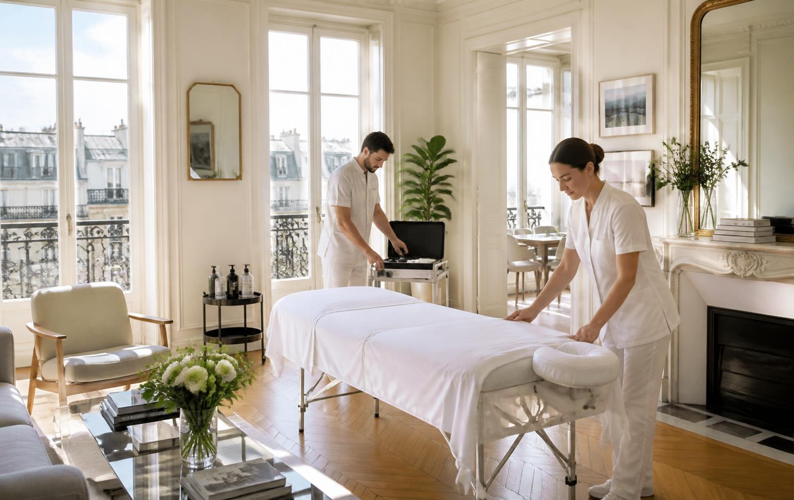 Praticiens en tenue professionnelle installant une table de massage avec linge blanc dans un appartement parisien en plein jour